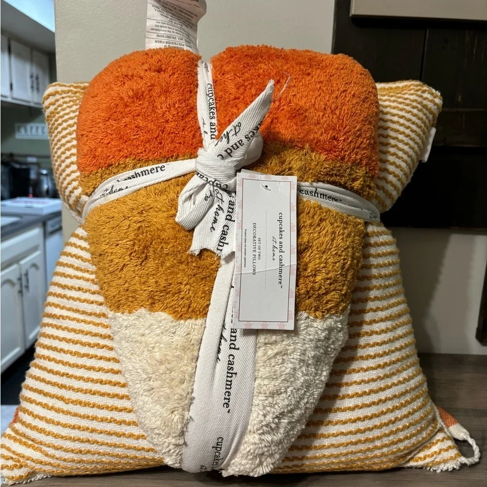 Cupcakes and Cashmere set of 2 candy corn pillows